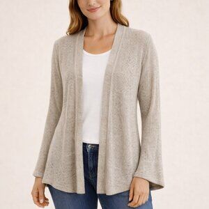 Express Waffle Knit Flare Sleeve Open Front Gray Tan Cream Cardigan Sweater XS